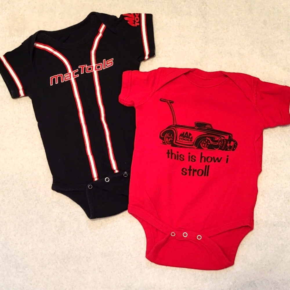 Two Mac Tools onesies/bodysuits